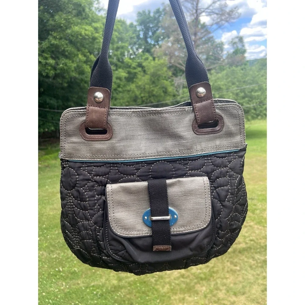 Fossil KEY-PER Black Gray Teal Quilted Fabric Shoulder Bag Satchel